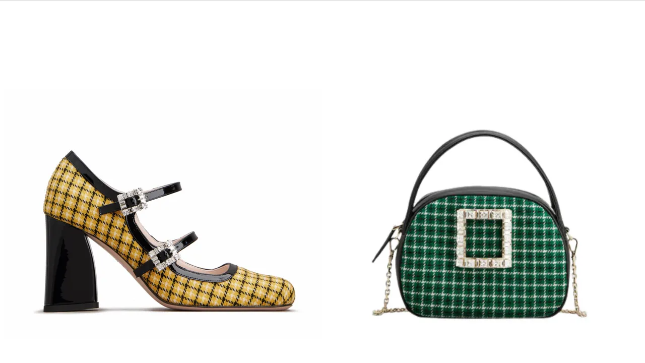 Mini Tres Vivier倫敦黃格紋繫帶高跟鞋（左圖）6萬3800元、Viv Ladybug綠色格紋毛呢鑽扣手提化妝包（右圖）7萬8000元。品牌提供