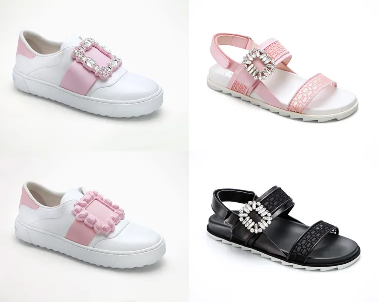 台灣限定獨賣款式，Very Vivier馬卡龍粉拼接白色小羊皮檸檬鑽扣休閒鞋（左上）5萬4000元、Very Vivier馬卡龍粉拼接白色小羊皮粉扣休閒鞋（左下）3萬9900元、Slidy Viv Sandal馬卡龍粉LOGO網紗牛皮涼鞋（右上）5萬6000元、Slidy Viv Sandal黑色LOGO網紗牛皮涼鞋（右下）5萬6000元。品牌題供