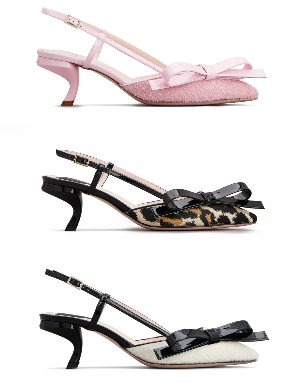 Virgule系列高跟鞋（上至下）粉色毛呢蝴蝶結逗號高跟鞋、豹紋緹花黑蝴蝶結逗號高跟鞋、白毛呢黑蝴蝶結逗號高跟鞋 ，各4萬9000元。品牌提供