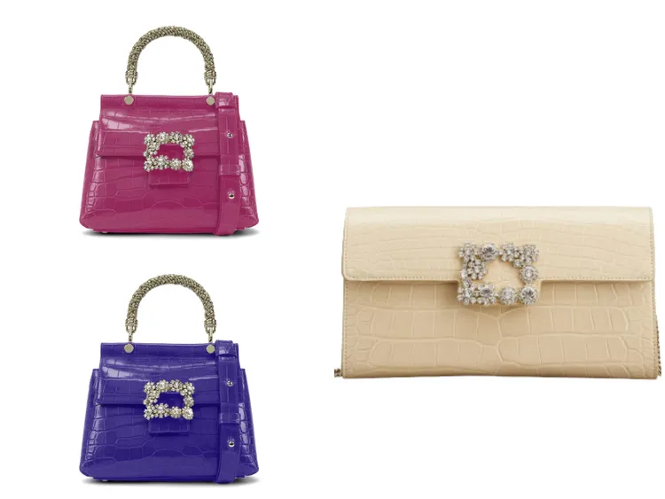Flower Strass Jewel玫瑰粉鱷魚皮手提包（左上）98萬元、天鵝絨紫鱷魚皮手提包（左下）98萬元、Flower Strass膚金色花鑽鱷魚皮包（右） 46萬元。品牌提供