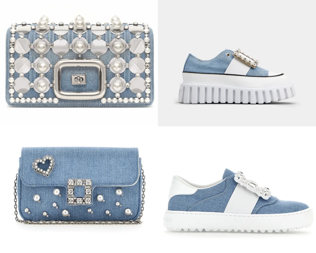 Roger Vivier Viv' Choc丹寧刺繡亮片珍珠方扣迷你晚宴包（左上）13萬3000元、VIV’ JEU七夕限定丹寧愛珠鑽扣女包（左下）7萬3600元、Viv Go Thick水洗丹寧皮革拼接厚底鑽扣休閒鞋（右上）5萬7900元、Very Vivier七夕限定丹寧鑽扣休閒鞋（右下）5萬4000元。品牌提供