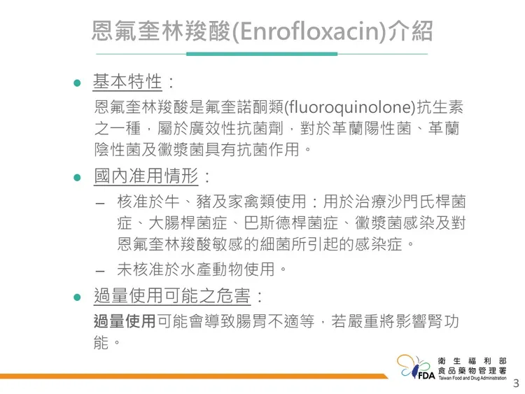 恩氟奎林羧酸（Enrofloxacin）相關說明。食藥署提供