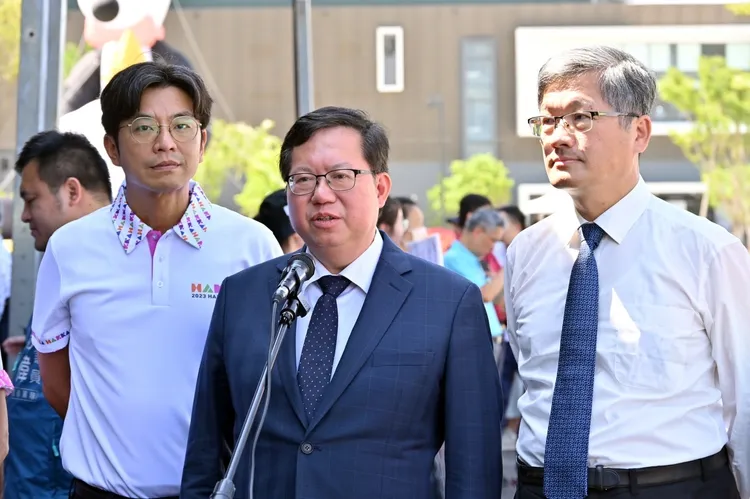 鄭文燦今出席2023世界客家博覽會開幕典禮受訪。政院提供