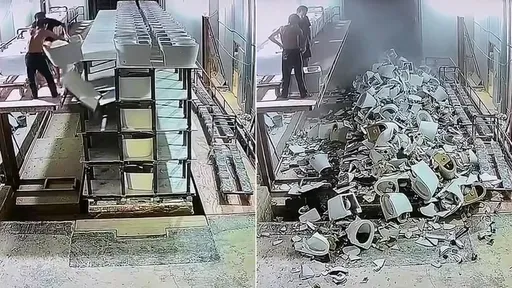 傻眼影片|搬1個馬桶「毀了其他100個」 他們被豆腐渣貨架坑慘了