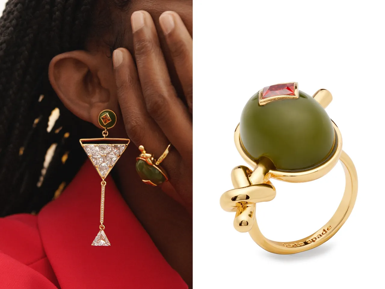 Shaken Or Stirred马丁尼吊饰耳环（图左），7200元、橄榄戒指（图右），6500元。品牌提供