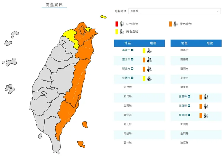 今（8/7）日氣象局發布7縣市高溫警戒。取自中央氣象局