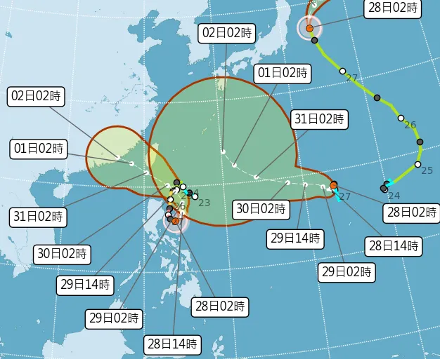氣象局今晨2時預測蘇拉颱風路徑，也是掃過台灣南端不登陸。取自氣象局