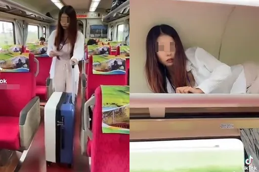 又惡搞火車!傻眼妹拍抖音掉智商 「爬上行李架」讓台鐵局說話了