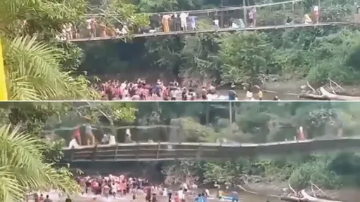 驚悚影片｜整座吊橋斷墜河中32傷　他們硬湧爛橋看抓鴨子釀禍