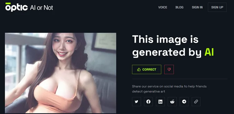 王筠嫣照片在檢測是否為AI產生的網站中被辨識為AI產生。