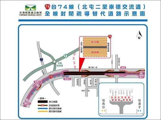 台74線台中「崇德至北屯」施工　21日起雙向連封4夜！警籲改道