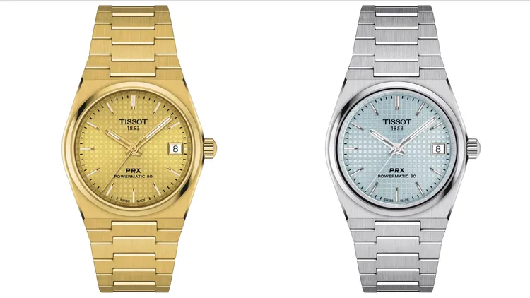 PRX 35mm自動腕錶耀新色，耀眼金2萬5700元、冰河藍2萬2200元。品牌提供