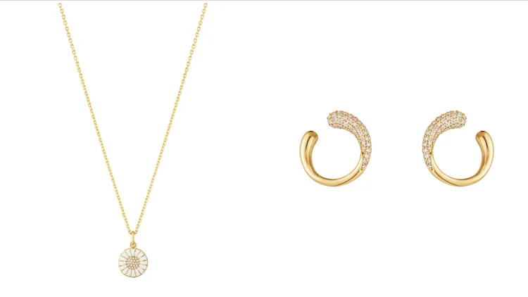 Daisy系列18K黃金電鍍純銀白鑽白瓷琺瑯項鍊（左圖）1萬800元、Mercy系列18k黃金鑽石耳環（右圖）7萬3000元。品牌提供