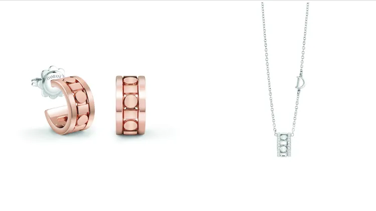 Belle Époque Reel 18K玫瑰金耳環（左圖） 6萬1200元、18K白金鑲鑽項鍊9萬6600元。品牌提供