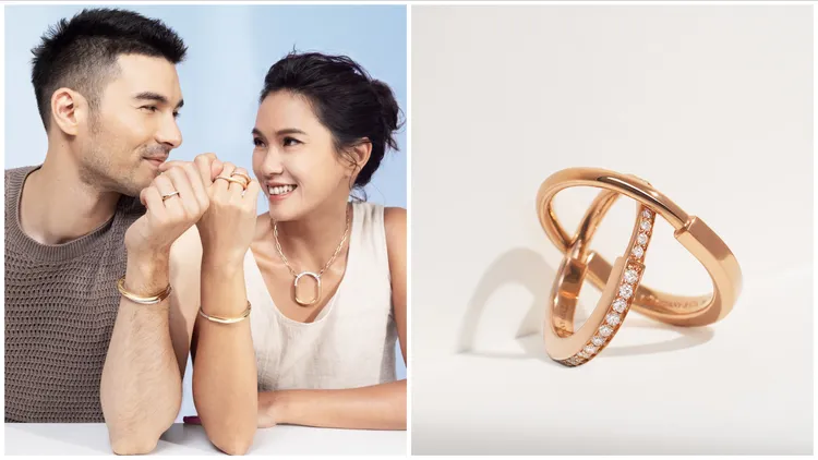鳳小岳（左）與老婆Jessie戴上Tiffany Lock系列作品曬恩愛，Lock 18K玫瑰金舖鑲鑽石戒指17萬6000元、18K玫瑰金戒指4萬500元。品牌提供
