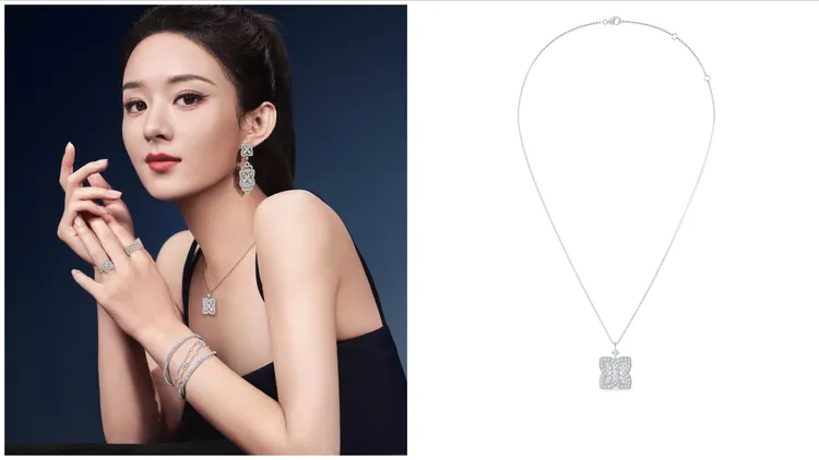 趙麗穎戴上Enchanted Lotus 18K白金鑽石吊墜項鍊89萬5000元。品牌提供