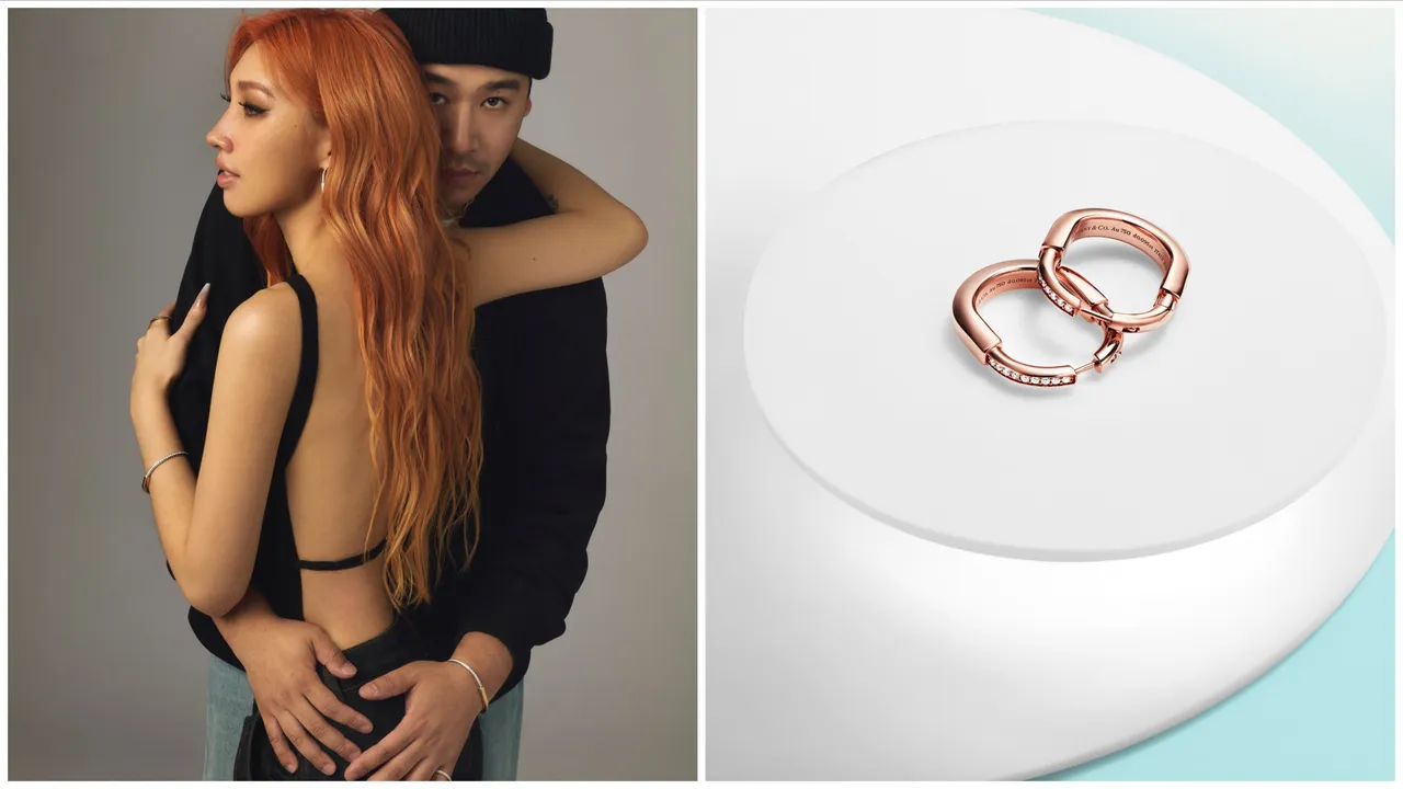 Karencici(前)与男友Kvn受邀展演Tiffany Lock系列作品,Lock 18K玫瑰金镶钻耳环21万4000元。品牌提供