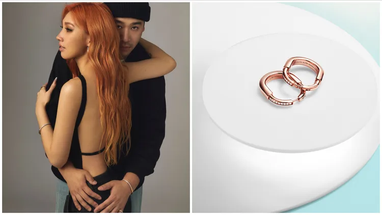 Karencici（前）與男友Kvn受邀展演Tiffany Lock系列作品，Lock 18K玫瑰金鑲鑽耳環21萬4000元。品牌提供