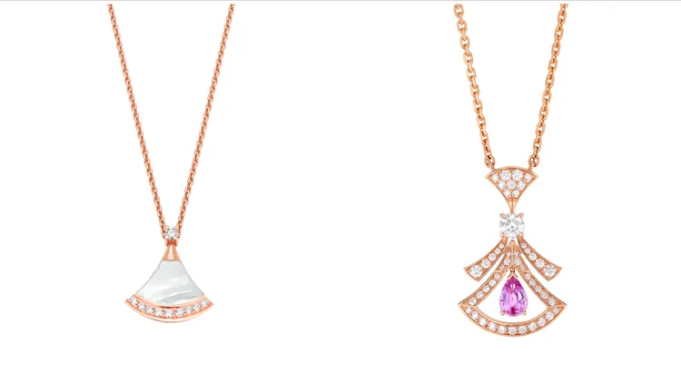 Divas’ Dream系列玫瑰金珍珠母貝鑲鑽項鍊（左圖）、玫瑰金鑽石與粉紅剛玉項鍊七夕限定款（右圖），價格店洽。品牌提供
