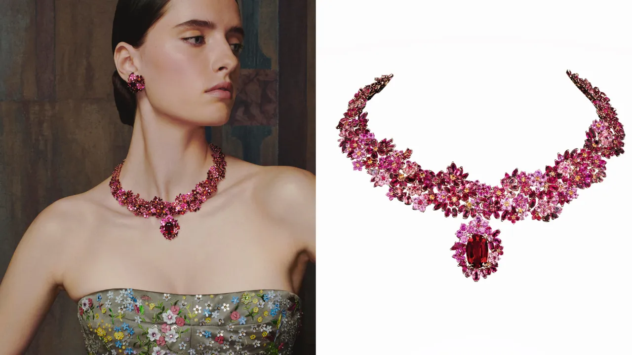 Buisson Couture紅寶項鍊（玫瑰金、紅寶主石12.14克拉、粉紅剛玉、紅色尖晶石、錳鋁石榴石），約3億4500萬元。品牌提供