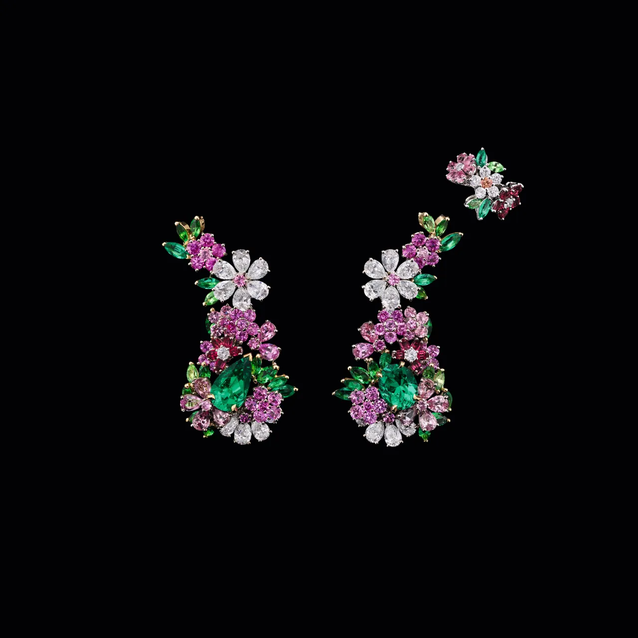 Buisson Couture祖母綠耳環（18K金、18K白金、祖母綠主石各2.34與2.30克拉、沙弗萊石、粉紅剛玉、粉紅尖晶石），約3500萬元。品牌提供