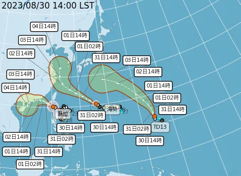 颱風、熱帶性低氣壓預估走向。取自氣象局網站