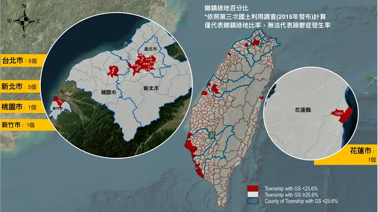 綠地比率未達WHO標準的鄉鎮。台灣科技媒體中心提供