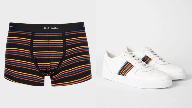 經典彩條四角貼身內褲（左圖）1800元、白色皮革飾彩休閒鞋（右圖）2萬3300元。品牌提供