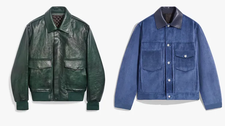 Panita墨綠色皮革飛行夾克（左圖）25萬9000元、灰藍色麂皮牛仔外套（右圖）18萬元。品牌提供