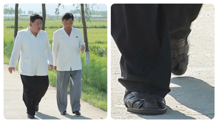 北韓當局8月17日發布的照片中，金正恩穿著涼鞋視察卡努颱風災區。路透社