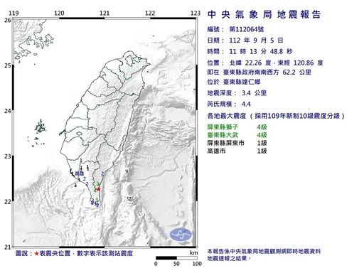 台東規模4.4地震！深度僅3.4公里　最大震度4級