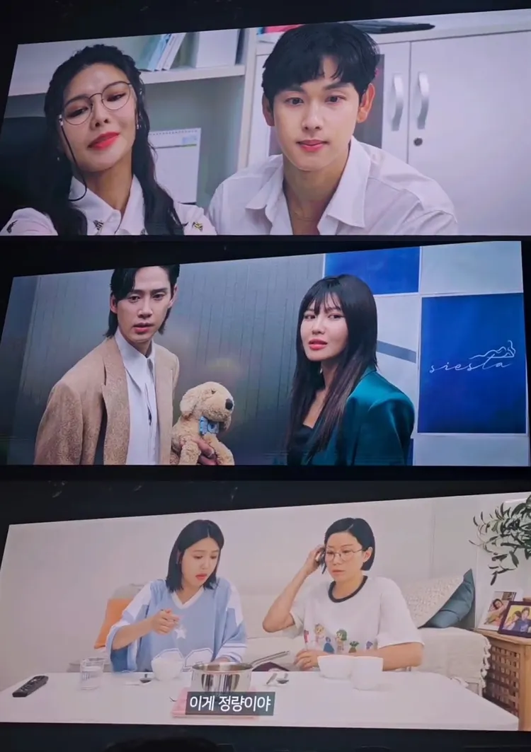 《奔向愛情》任時完（上圖右）、《黑暗榮耀》朴成焄、《陌生人》田慧振跨刀幫秀英拍片。翻攝推特