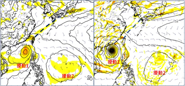 最新(22日20時)歐洲(ECMWF左圖)及美國(GFS右圖)模式模擬「中秋節」(29日20時)天氣圖皆顯示，南海及菲律賓東方海面各有熱帶擾動發展；另有一個發展失敗的擾動移至北部海面，形成微弱鋒面(段線)。(圖擷自tropical tidbits)翻攝自氣象應用推廣基金會