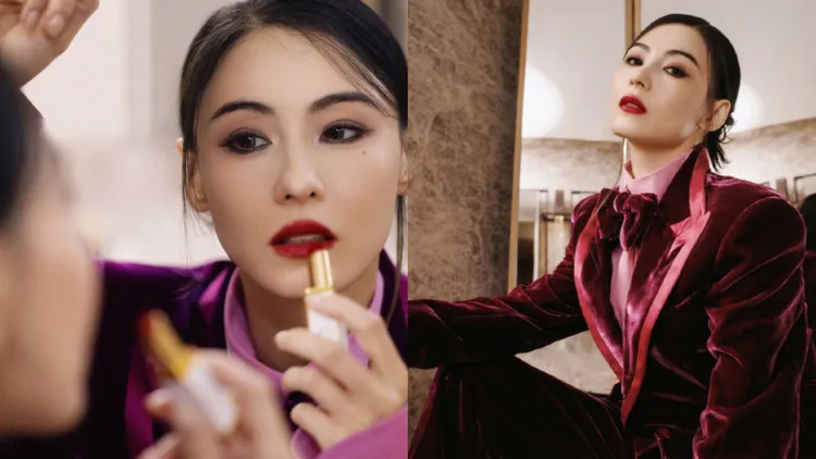張柏芝抹上TOM FOR唇彩，預告將現身品牌大秀。翻攝張柏芝微博
