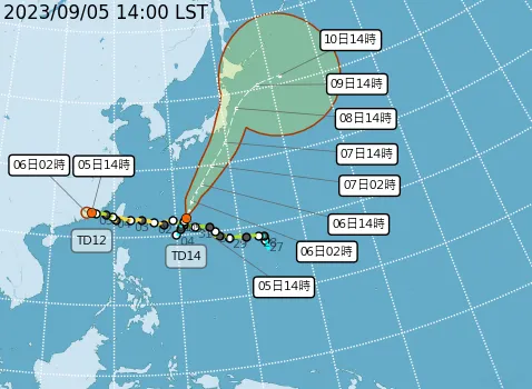 熱帶性低氣壓TD12（原海葵颱風）與TD14預估走向。取自氣象局網站