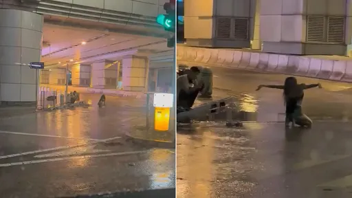 有這種女友會短命！熱褲妹跪馬路「拍颱風濕身亡美照」　男伴冒險幫攝