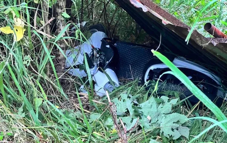 陳男連人帶車衝入路邊草叢，車毀人亡。民眾提供