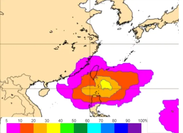 最新(26日20時)歐洲(ECMWF)模式系集模擬顯示，5日20時台灣東南方海面，熱帶擾動發展成颱機率達40％。翻攝「三立準氣象·老大洩天機」專欄