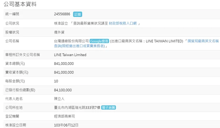 網友查詢LINE正式中文名稱，得知該公司名為「台灣連線股份有限公司」，或許可稱LINE為「台灣連線」。翻攝自經濟部商業司全國商工行政服務入口網