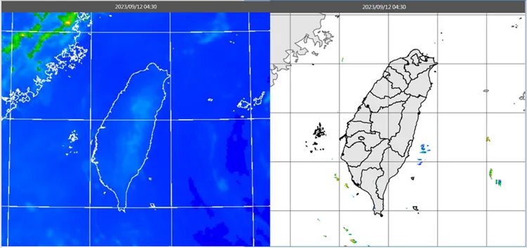 今(12日)晨4：30觀測資料顯示，台灣附近晴朗無雲(左圖)、無回波(右圖)。取自氣象應用推廣基金會