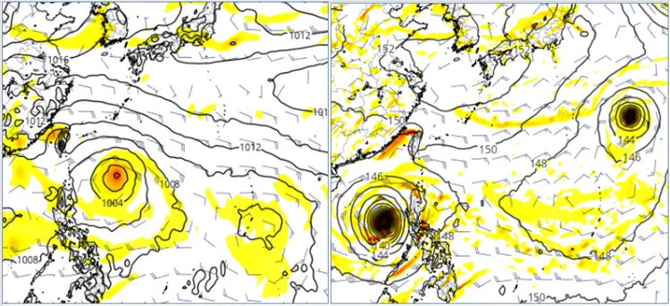 最新(16日20時)歐洲(ECMWF左圖)及美國(GFS右圖)模式，26日20時模擬圖顯示，「西北太平洋」有熱帶擾動活動，但模擬的強度、位置差異不小，需持續觀察。(圖擷自tropical tidbits)翻攝自氣象應用推廣基金會