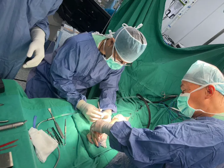 李祥安醫師（左）、陳昭宇教授（右）取患者掌長肌肌腱來重建斷裂的尺側韌帶。院方提供