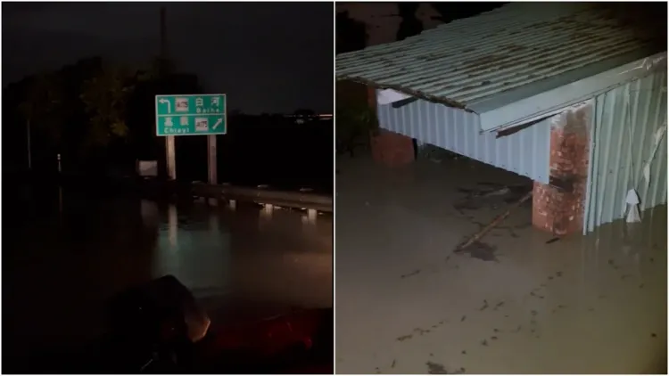 東西向82快速道路昨晚大淹水，水淹快速道路上造成大塞車。翻攝自嘉義綠豆大小事  