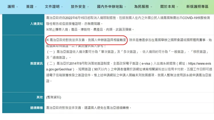 我外交部明文記載，「喬治亞對我並非友善」。翻攝外交部官網