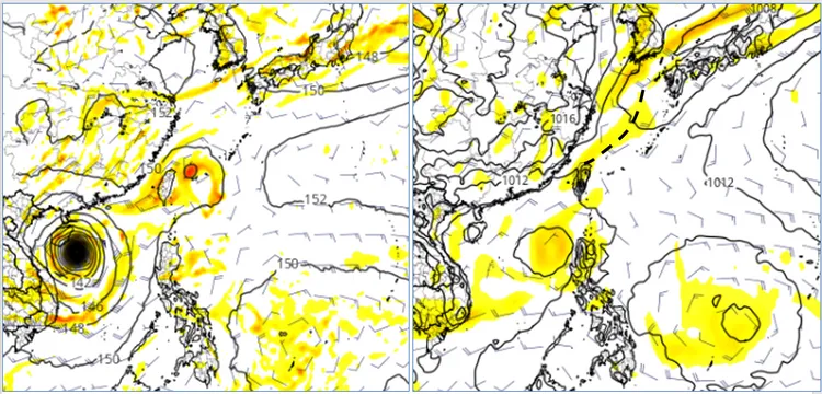 最新(21日20時)美國(GFS)模式「中秋節」(29日20時)模擬圖顯示，「西北太平洋」有多個熱帶擾動發展，且其中之一強度弱但就在東北部海面(左圖)。歐洲(ECMWF)模式「中秋節」的模擬圖顯示，熱帶擾動強度皆很弱，其中之一逢冷空氣南下，而形成鋒面(右圖)。(圖擷自tropical tidbits)