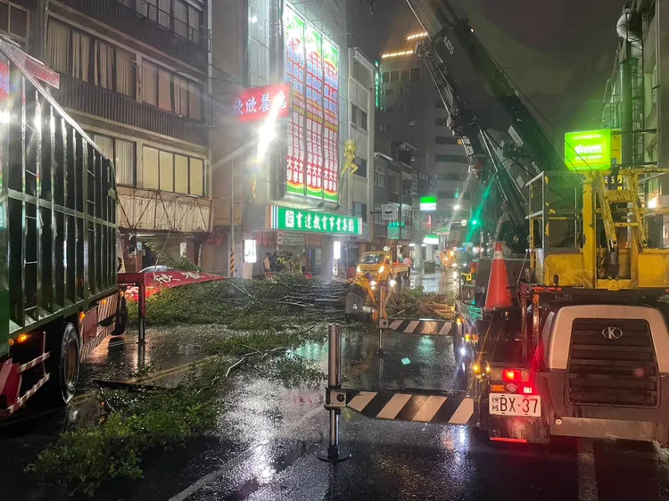 民族路二段的樹木倒塌，橫躺整個路面， 工務局花費兩個多小時樹木清除。市府提供