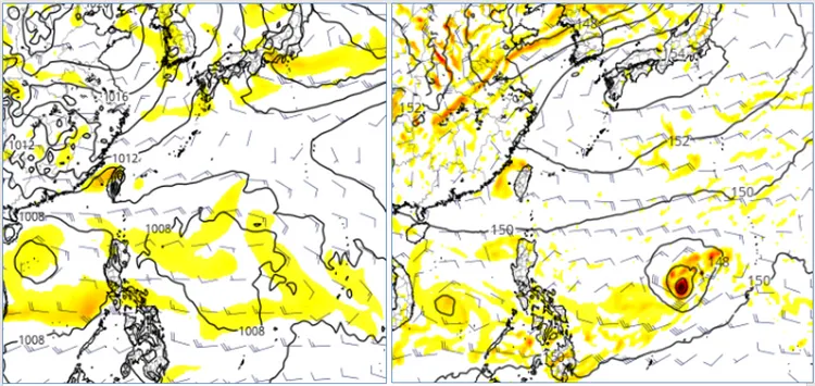 最新(17日20時)歐洲(ECMWF左圖)及美國(GFS右圖)模式，27日20時模擬圖顯示，「西北太平洋」有多個熱帶擾動活動的跡象，但各模式所模擬的生成時間及位置不斷調整，且差異不小，需持續觀察。(圖擷自tropical tidbits)取自氣象應用推廣基金會