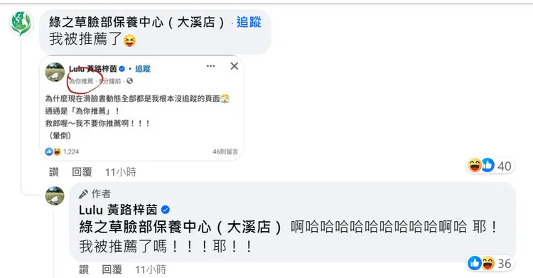 網友剛好收到「為你推薦」的內容和Lulu有關。翻攝自臉書