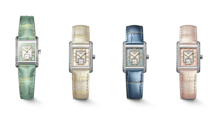 Mini Dolcevita迷你多情系列羅馬鏤雕鍍金面盤搭配同色系高級鱷魚皮革錶帶鑲鑽腕錶，各12萬2300元。品牌提供