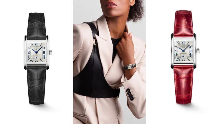 Mini Dolcevita迷你多情系列羅馬fliniqué飾紋面盤搭配黑色與紅色鱷魚皮革錶帶腕錶，各5萬3400元。品牌提供